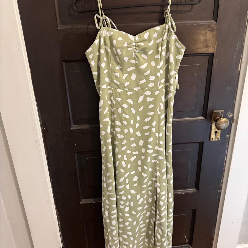 Lulu's Olive Green Midi Slip Dress with White Spot Print